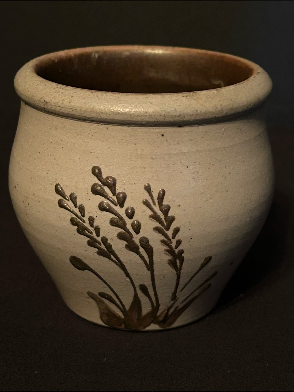 Rockdale Union Stoneware Mini Crock Hand Made Brown Floral Salt Glaze Vintage